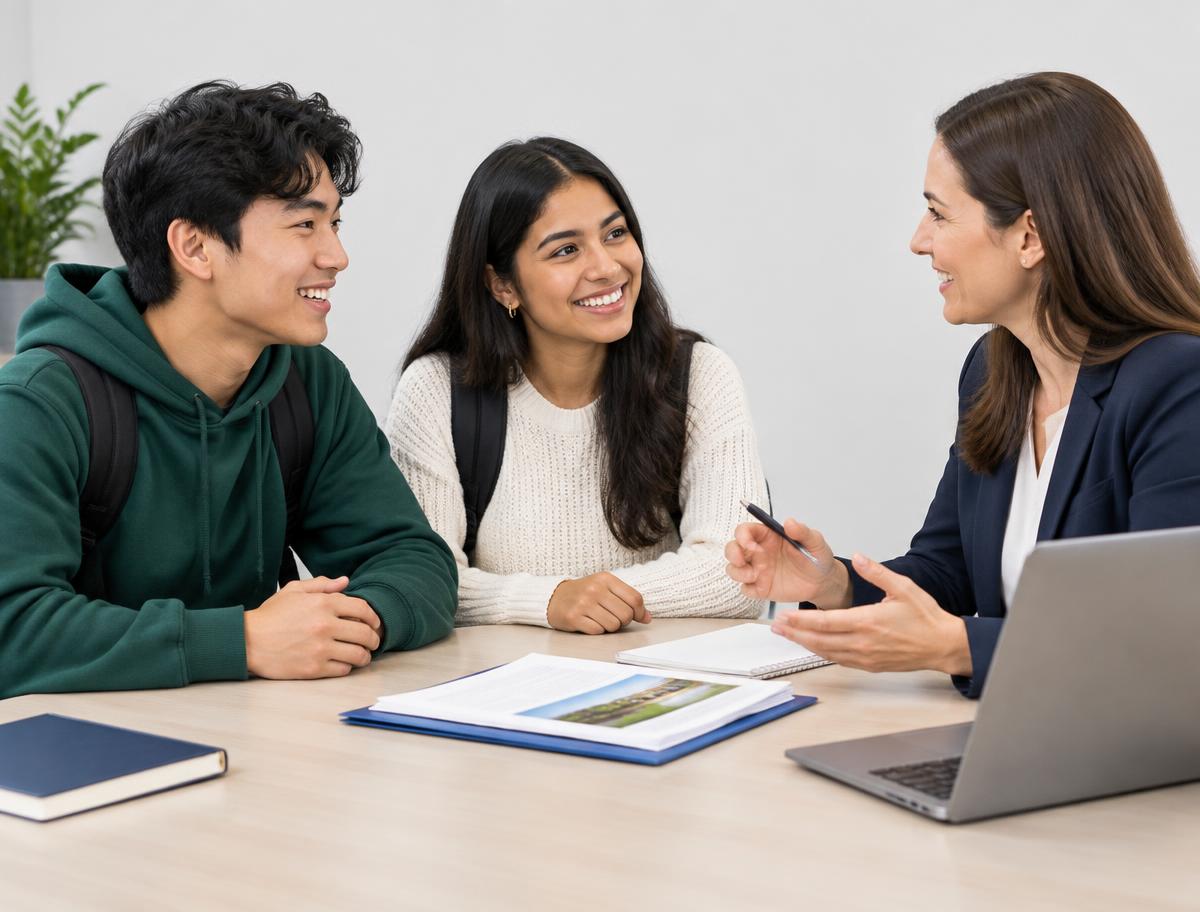 An education advisor guiding two international students