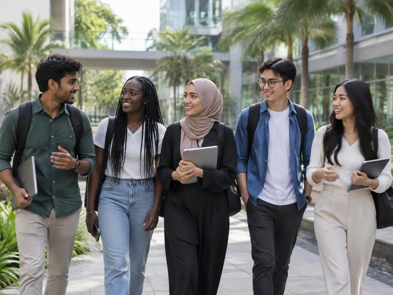International students walking together on a modern Malaysian university campus